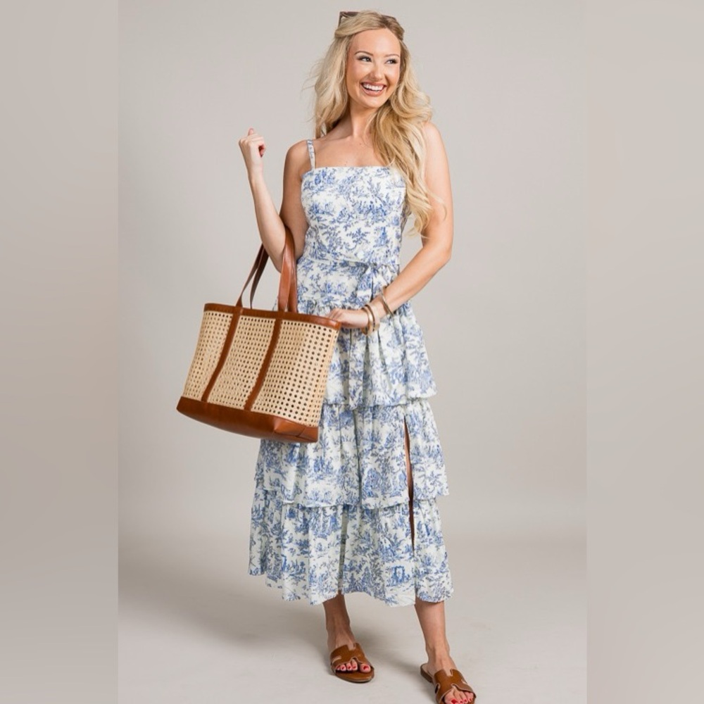 NWT M TCEC BLUE TOILE DRESS WITH RUFFLES